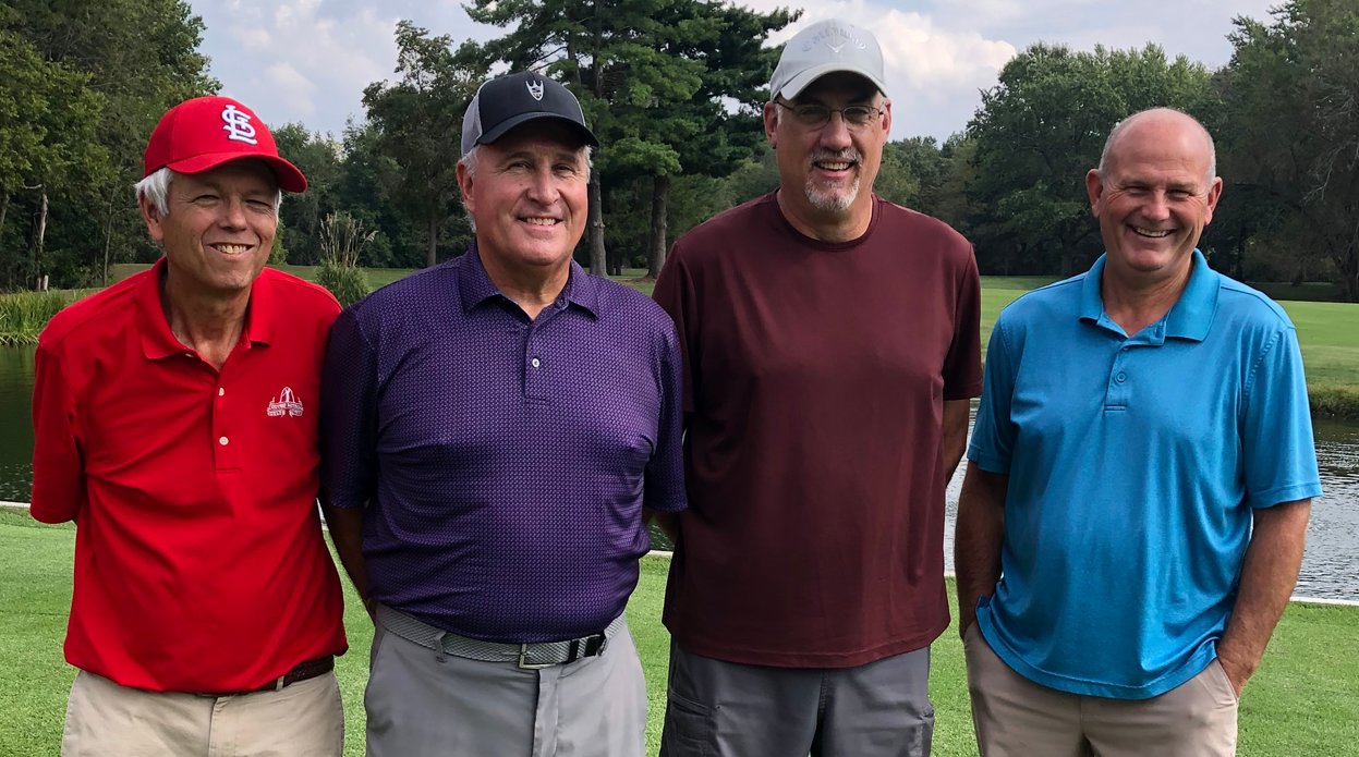 The final four of this year’s Litchfield Country Club Club Championship, from the left, were Curt Faas, Brad Niehaus, Doug Graham and Steve Poffinbarger, who dropped in a hole-in-one on the 220-yard 10th hole en route to the overall title.