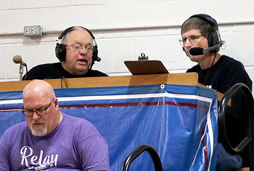 Long-time broadcaster Terry Todt (right) called some of the action at the inaugural T. Todt Shootout with Don Huddleston (left) in Carlinville in December, 2018. While Todt succumbed to cancer in May 2019, his legacy lives on with the shootout that bears his name and benefits the Montgomery County Cancer Association. This year’s event will be Saturday, Dec. 11, at Nokomis High School, with the first of eight games starting at 9:30 a.m.