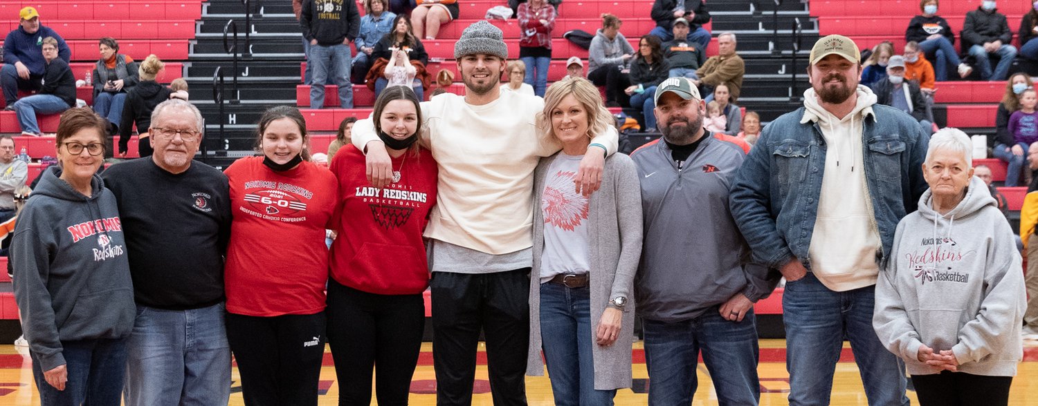 Carter Sabol was surrounded by family, friends and fans on Friday, Jan. 7, as the 2020 Nokomis High School grad was honored for his accomplishments on the basketball court. The leading scorer and rebounder for Nokomis High School boys basketball, Sabol finished his career with 2,199 points and 986 rebounds. From the left are Vickie and Tom Detmers, Alivia, Audrey, Carter, Erin, J.J., Brayden and Tincie Sabol.