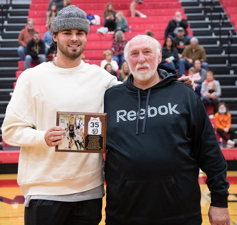 Player and coach came together again on Friday, Jan. 7, as former Nokomis boys basketball coach Steve Kimbro presented 2020 grad Carter Sabol with a plaque honoring Sabol’s accomplishments on the basketball court. Nokomis’ teams went 97-34 with two regional championships under Kimbro during Sabol’s four years, 2016-2020.
